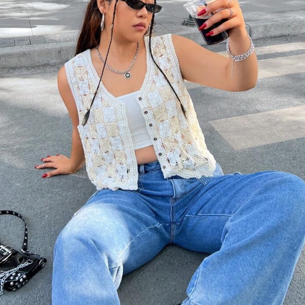 White Checker Crochet Button-Up Women's Top